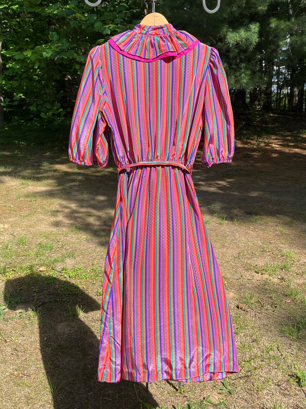 70s Sears Colorful Striped Circus Clown Ruffle Collar Midi Dress Size 14 Retro - Picture 3 of 16